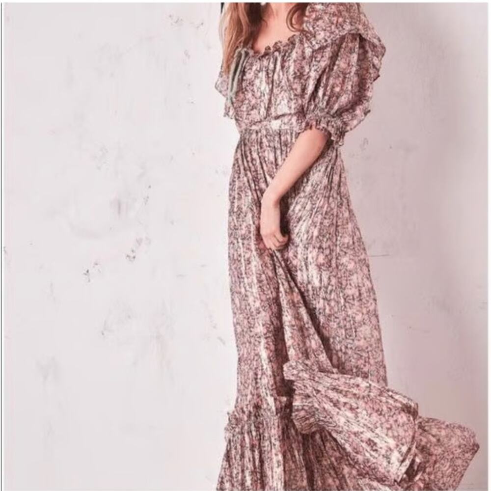 Loveshackfancy Tara Off-Shoulder Silk Maxi Pink Metallic Dress S Ditsy Floral